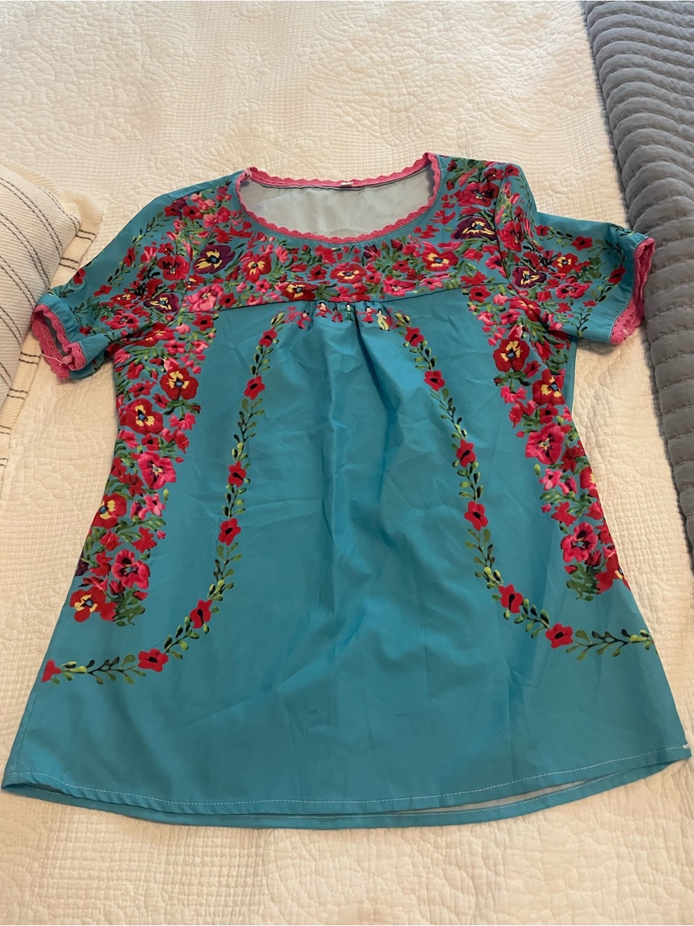 Trendy boutique Teal Floral Embroidered Scoop Neck Blouse